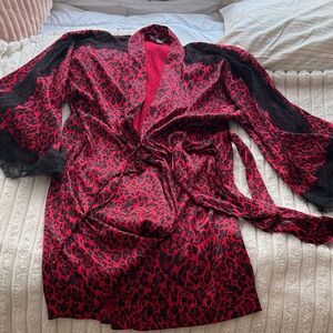 Victoria's Secret Red and Black Satin Leopard Kimono Robe